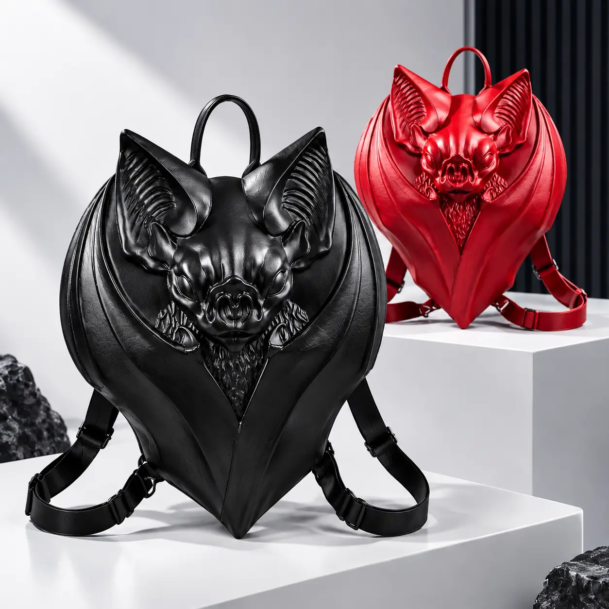 Unisex Gothic Punk Bat Motif PU Exterior Crossbody Backpack - Medium Vertical Square Bag with Zipper Closure, Hidden Pockets, ID Pocket, Dual Straps for Daily Outfits, Alternative Fashion, Concerts