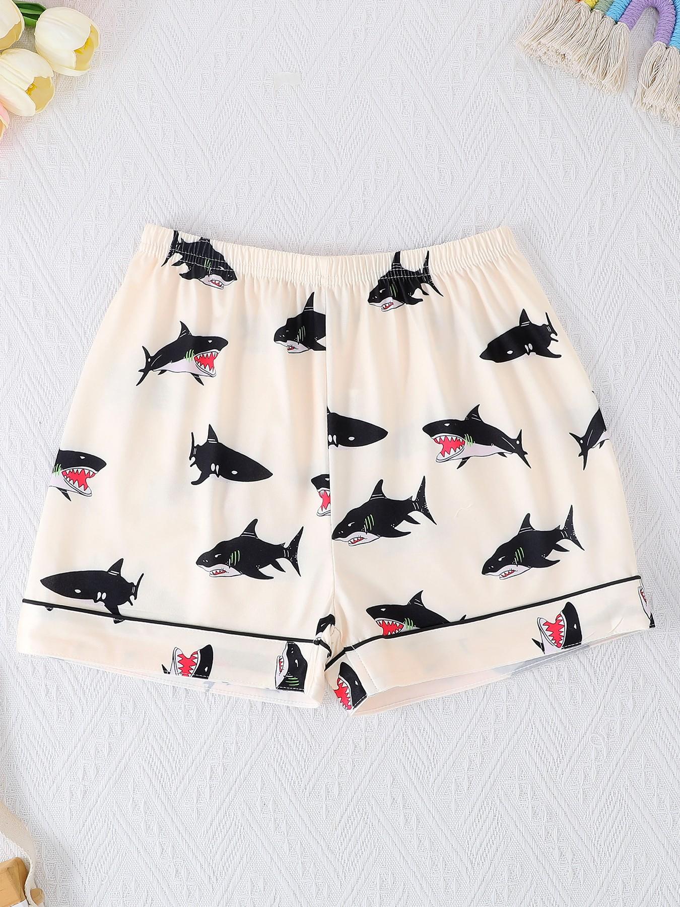 Kids Pajama Set, Cute Cartoon Shark Print, Short Sleeve Loose Fit, Fire-Resistant Knit Fabric, Spring Summer All Seasons