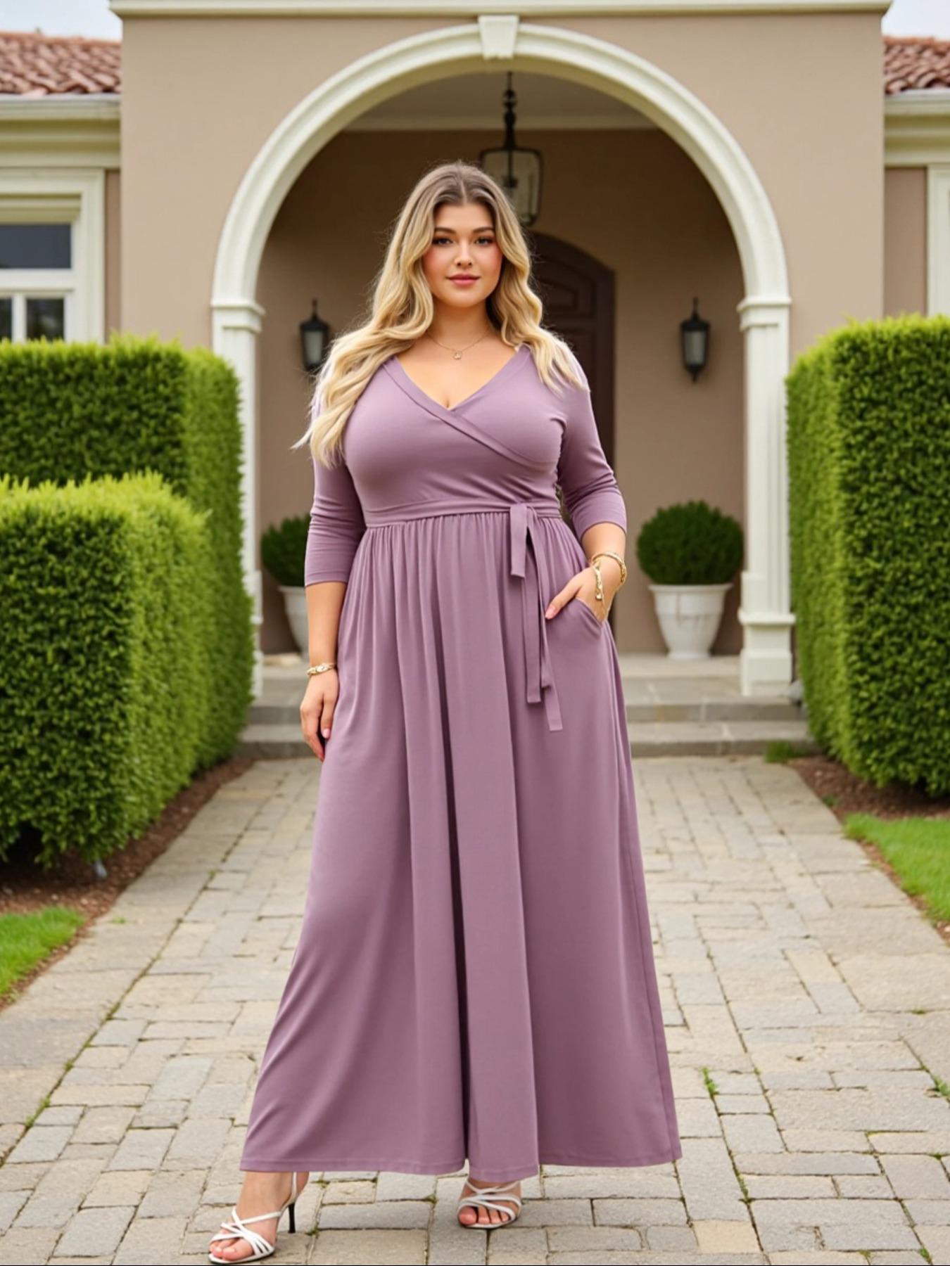 Women's V Neck Stretchy Casual Long Plus Size Dress, Perfect for Bridesmaids, Vintage Style Wedding & Party Wear, Comfortable All-Day Fabric