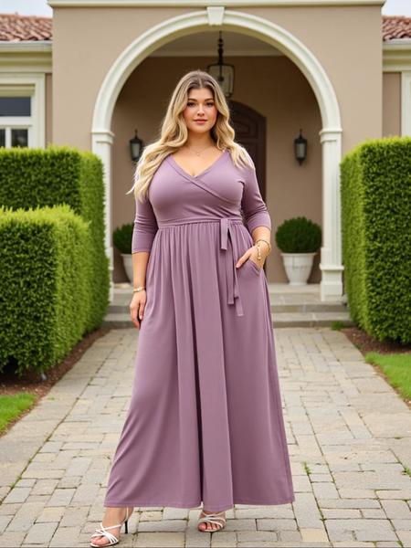 Women's V Neck Stretchy Casual Long Plus Size Dress, Perfect for Bridesmaids, Vintage Style Wedding & Party Wear, Comfortable All-Day Fabric