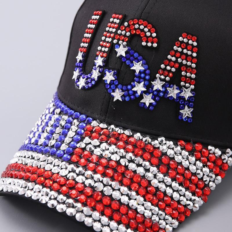 American Flag Rhinestone Curved Brim Baseball Cap - Street Style Cap for Clothes Accessories Fashion Enthusiasts, Casual Hat, Christmas, Funky, Anniversary, Engagement, Glitter, Glamorous