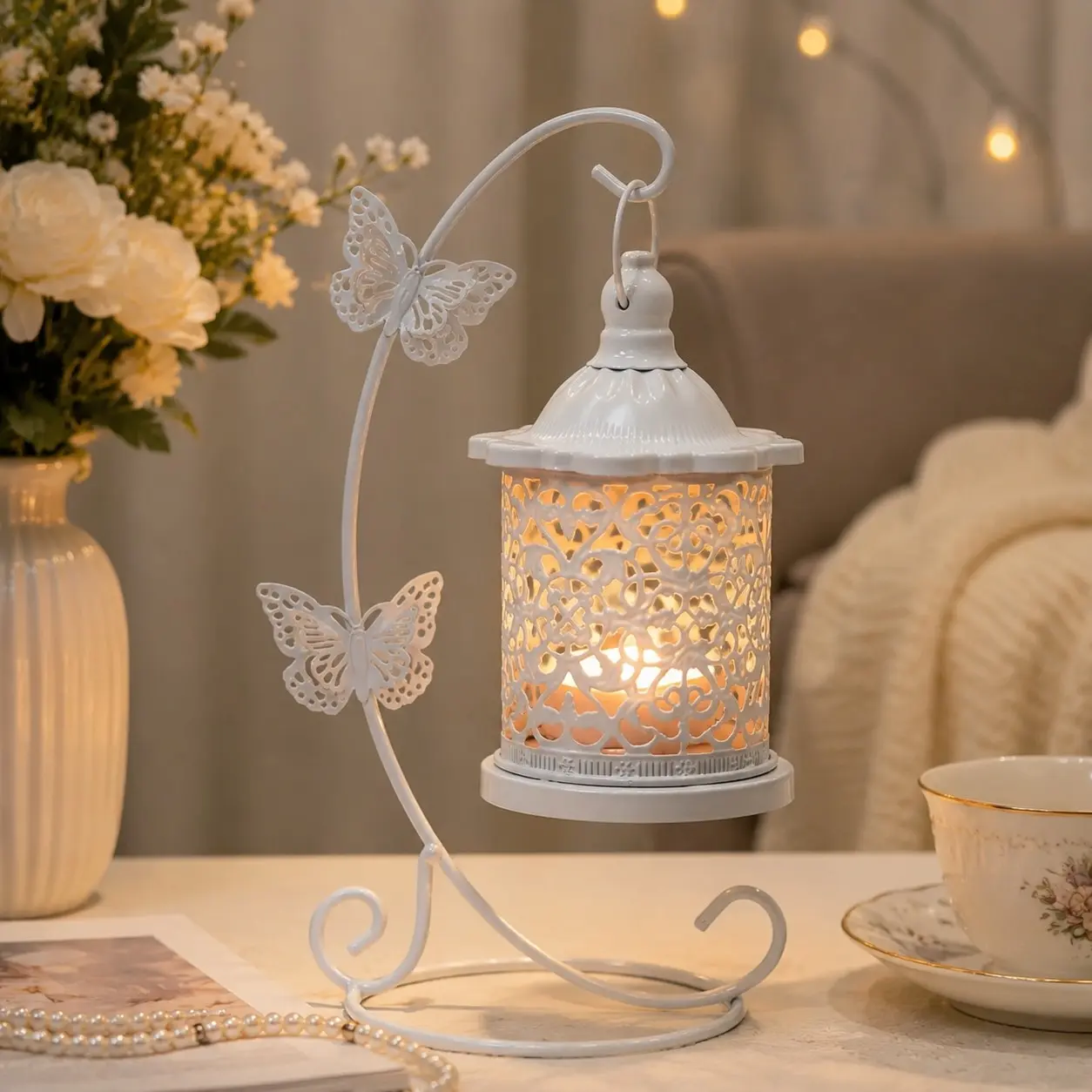 Butterfly Bracket Hanging Iron Candle Holder Lantern, Detachable Design, French Soft Cream Style, Home Decor, Wedding, Birthday Party Decoration