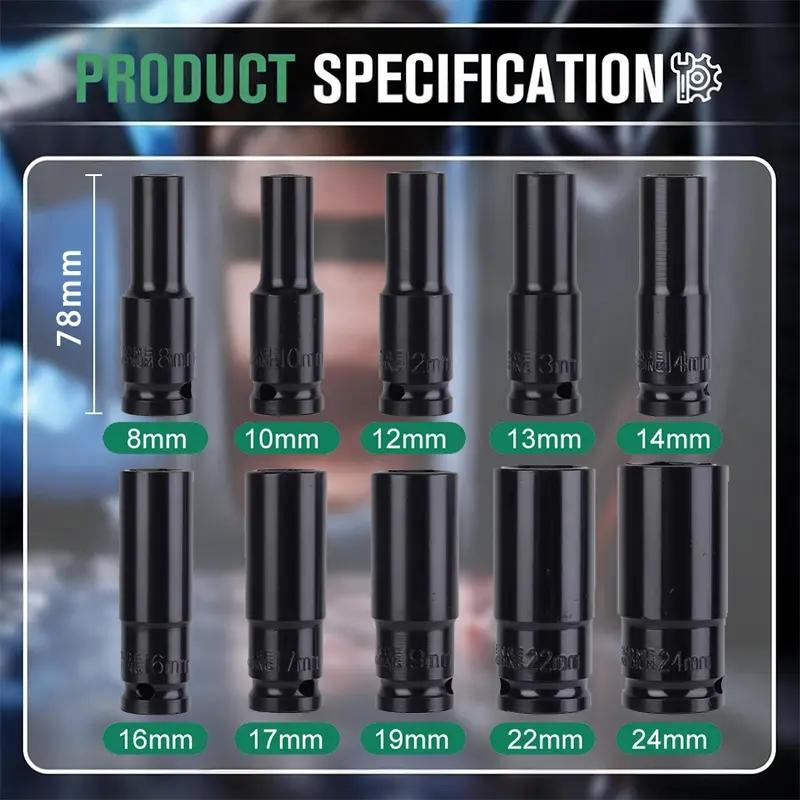 12 Drive Impact Socket Set, 10 Sockets and Driver Tool Kit, Standard Metric Size (8-24mm) Mechanics Tool Kit Socket Kit Metric Drive Socket Wrench Set with Plastic Tool Case