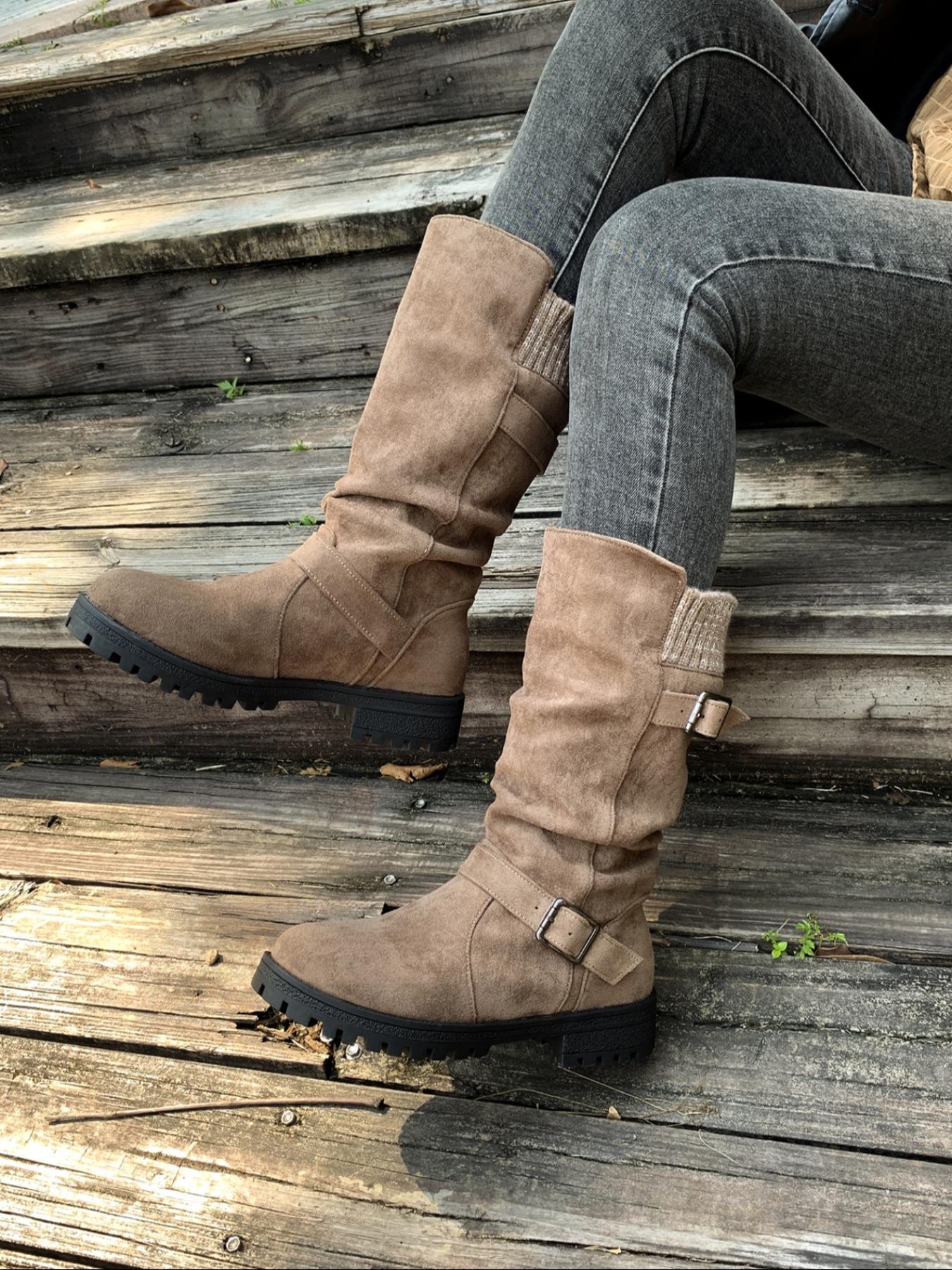 Comfortable mid calf suede women's boots for autumn and winter, Round Toe Boot, with a retro flat design that is comfortable and versatile, perfectly fitting the legs, and suitable for autumn and winter fashion boots