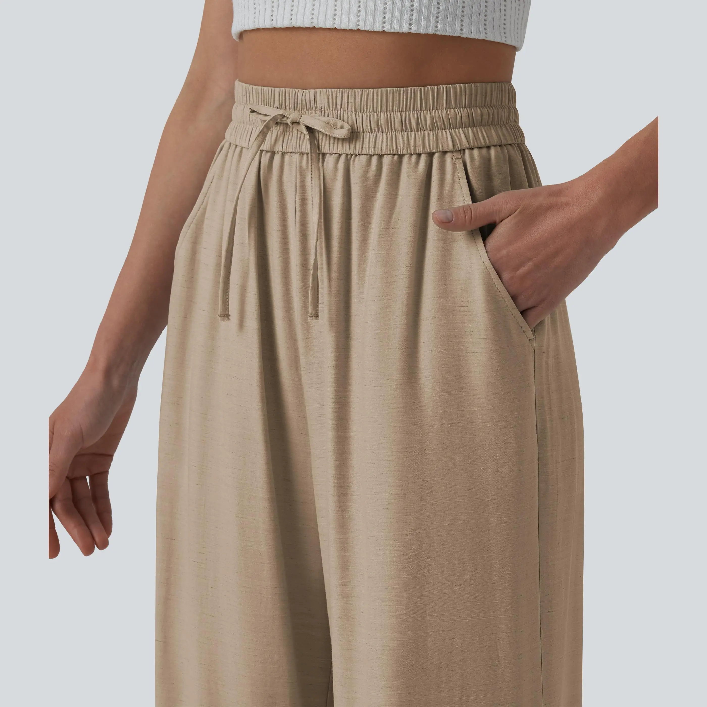 【Creator&rsquo;s Pick】Halara High Waisted Drawstring Wide Leg Casual Linen-Blend Pants with Pockets