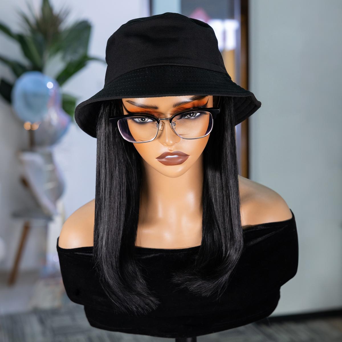 Wavymy Bucket Hat Wigs Straight Human Hair Wigs With Natural Color 100% Human Hair Styled-to-Go