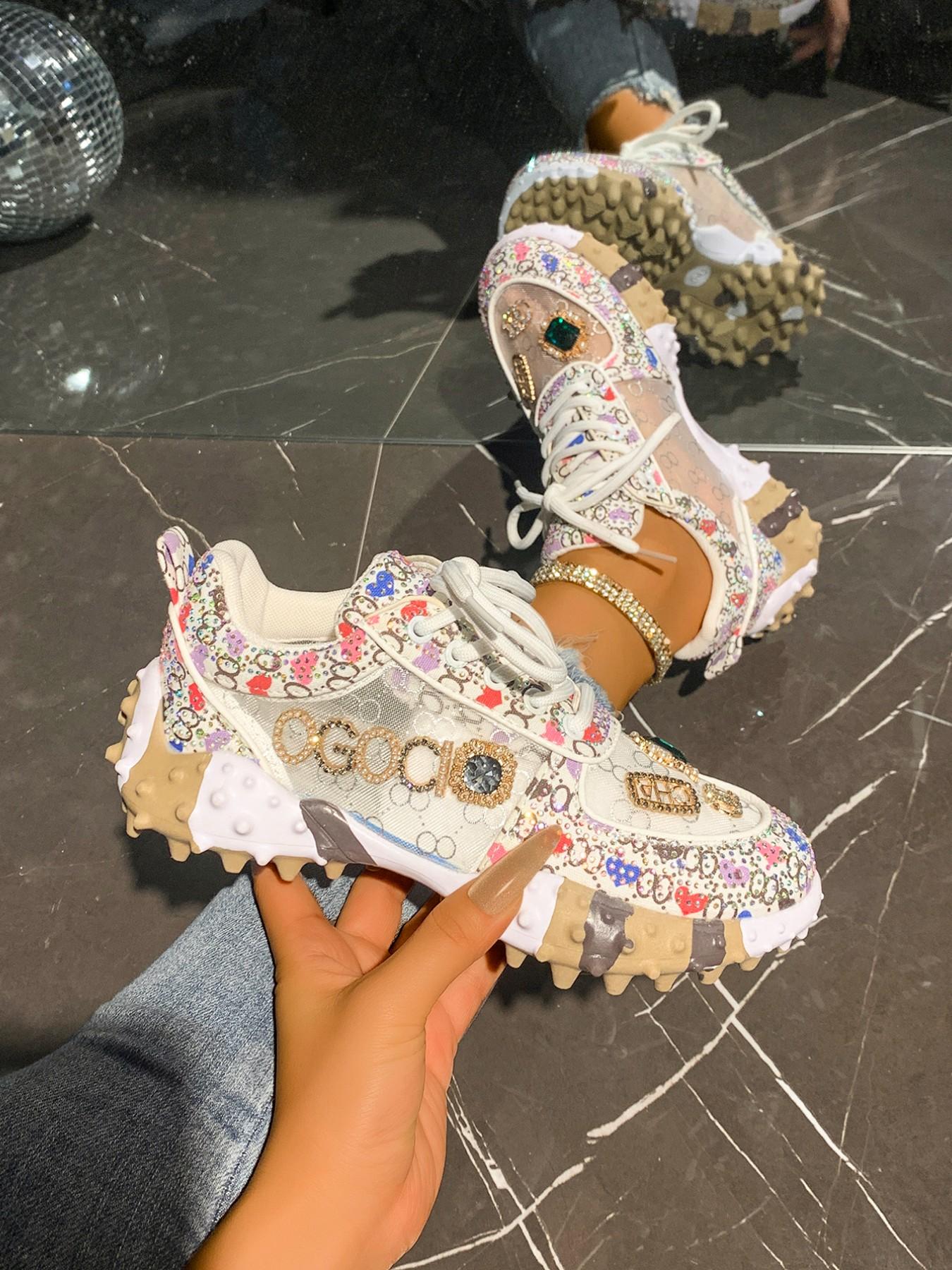 Sweet Cool Full Diamond New Street Casual Sports Shoes, Textile Upper, Rubber Sole, All Seasons, Less Than Ankle Height, Plain Style