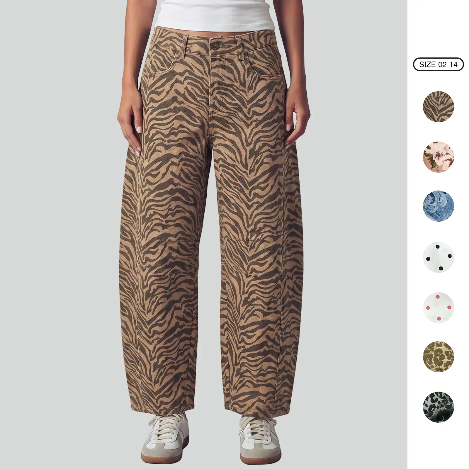 Imily Bela Womens High Waisted Barrel Jeans Unique Knee Dart Design Loose Fit Denim Pants Fashion Floral Leopard Zebra Polka Dot Prints Multiple Colors with Pockets