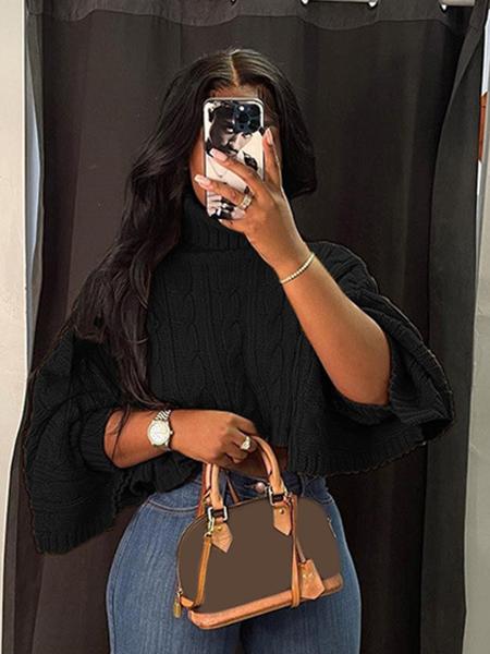 Women's Textured Split Sleeve Turtle Neck Cropped Sweater, Casual Solid Color High Neck Long Sleeve Jumper, Women's Knit Clothing for Daily Wear