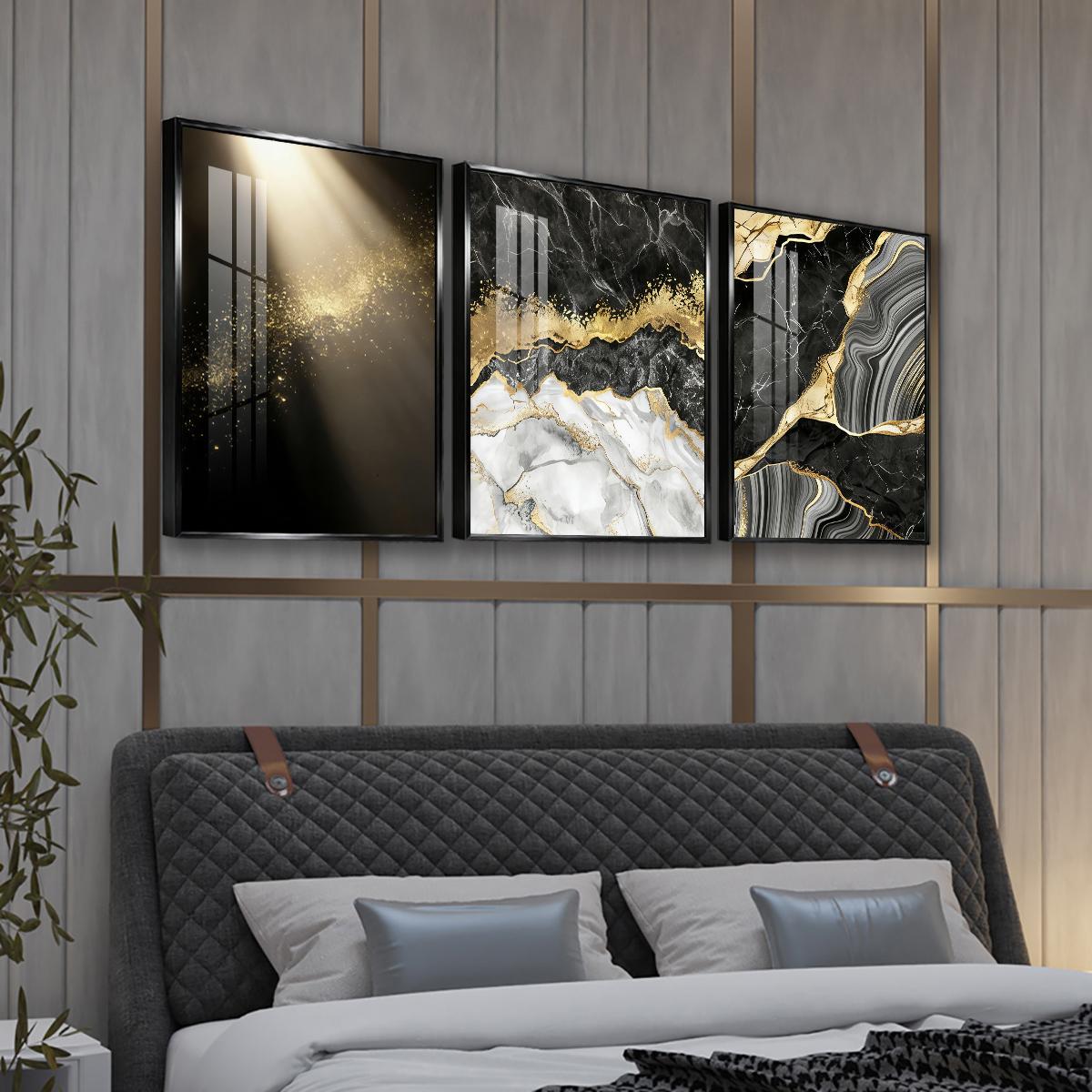 3 Counts Aluminum Alloy Framed Painting, Abstract Black Gold Marble Texture Pictures, Home Decoration For Living Room, Bedroom, Office, Restaurant, Hallway Wall Decor, Odorless Print Artwork, Luxury Perfect Gift For Friends And Family