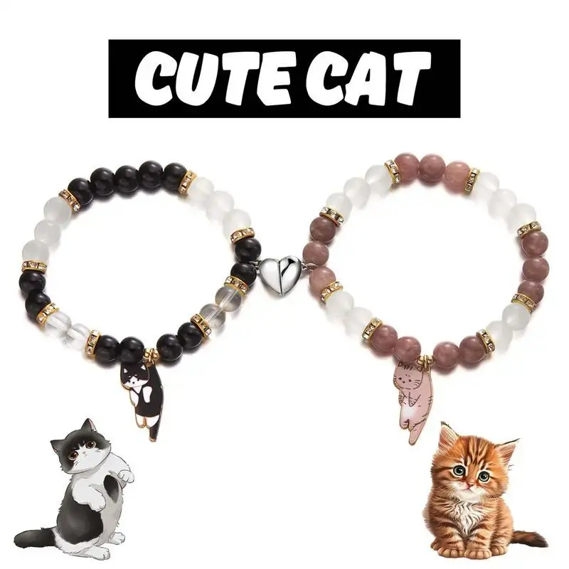 Couple 2-Piece Magnetic Matching Bracelet Set, Heart Kitten Pendant Unisex Jewelry, Romantic Sentimental Gift for Anniversary, Wedding and Long Distance Relationships