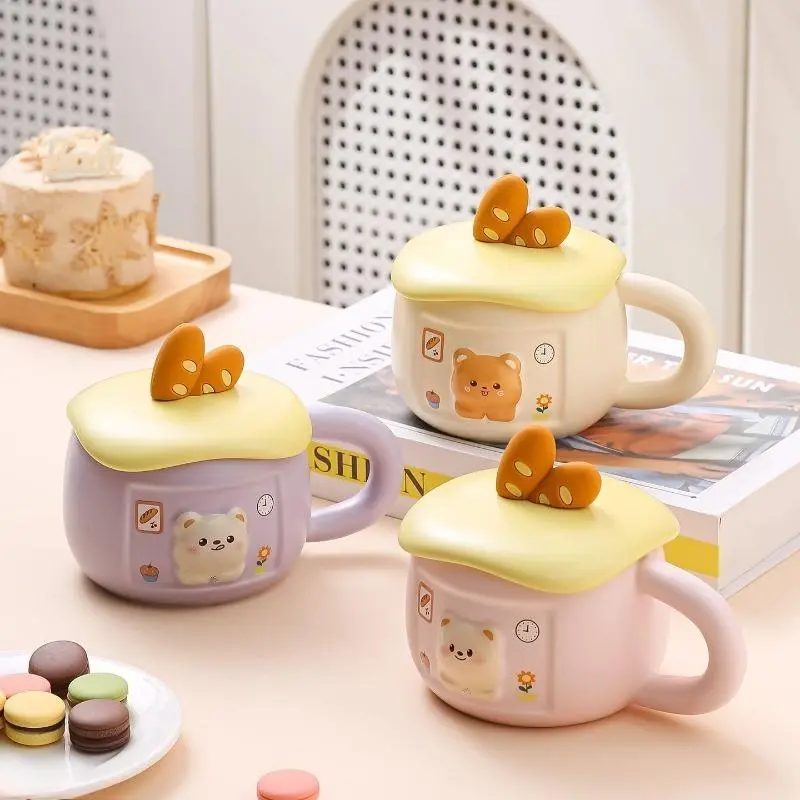 Ceramic Bear Mug with Lid - Relief-Style Breakfast Cup for Tea - Ideal for Couples, Birthday Gift, Drink