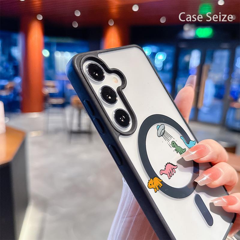 Magnetic Smartphone Case - Cute Dinosaurs & UFO Beam Funny Adventure Design, Black Border, Anti-Yellowing, Slim Lightweight Bare Feel, Luxury Premium Protection for Samsung Galaxy S22 S23Fe S24 S25 Plus Ultra Cellphone Handheld Devices