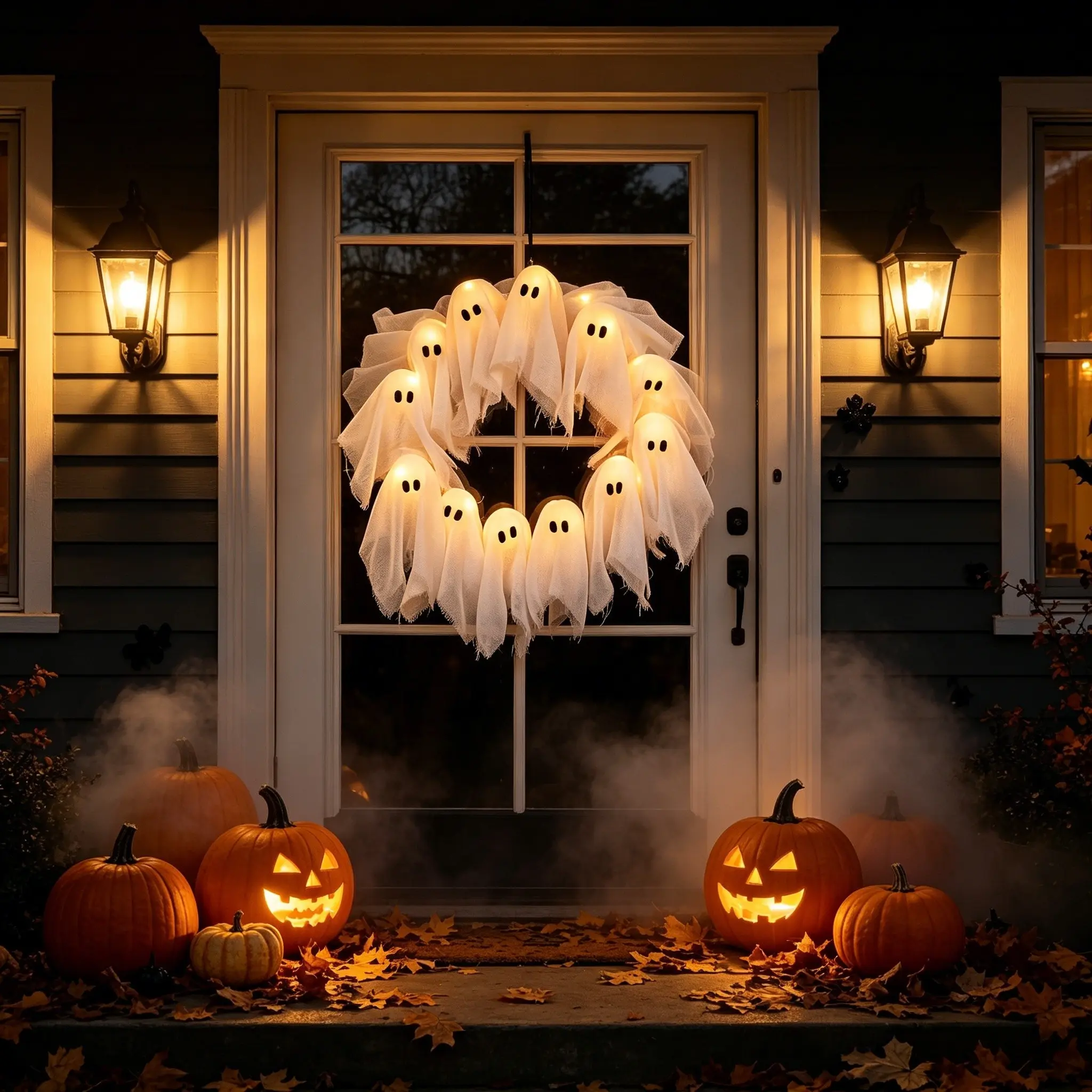 Halloween Glowing Ghost Wreath, Ghost Door Hanging Garden Decor, Battery Powered, Ideal for Bars, Indoor Outdoor Party Atmosphere Setup