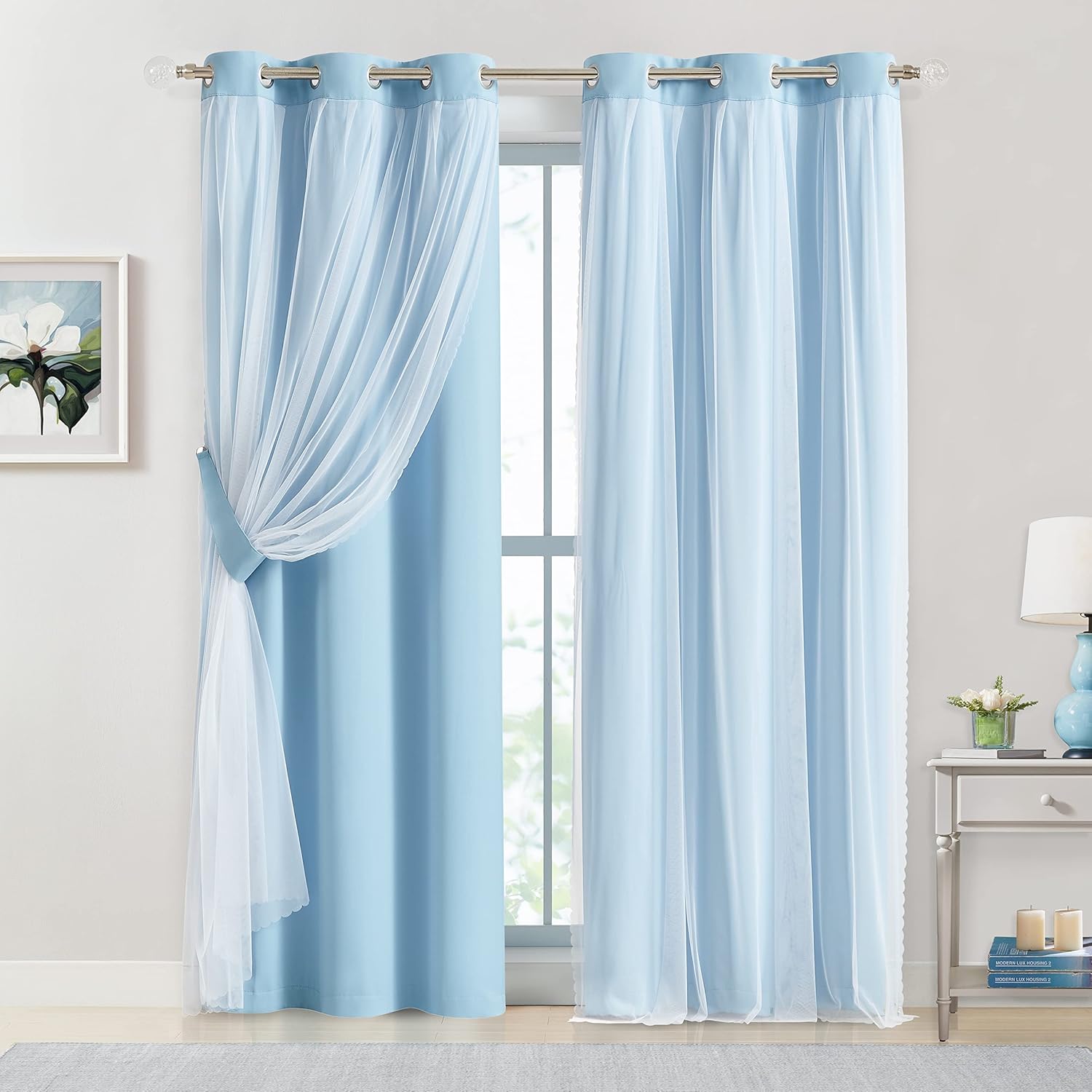 French Romantic Aesthetic Two-Layer Cloth Light-Blocking Finished Product Curtain, Fashionable Hole Drapery for Living Room, Stylish and Trendy Window Covering