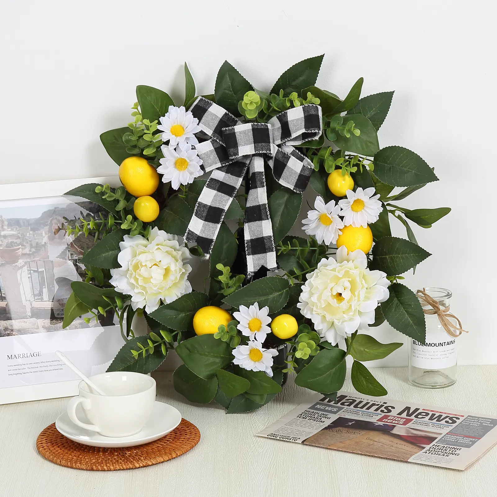 Lively Lemon Wreath for Front Door - Artificial Peony & Daisy Flowers with Buffalo Check Bow - Farmhouse Grapevine Decor for Summer & Spring - Porch, Kitchen, Wall, or Window Weatherproof Outdoor Accent