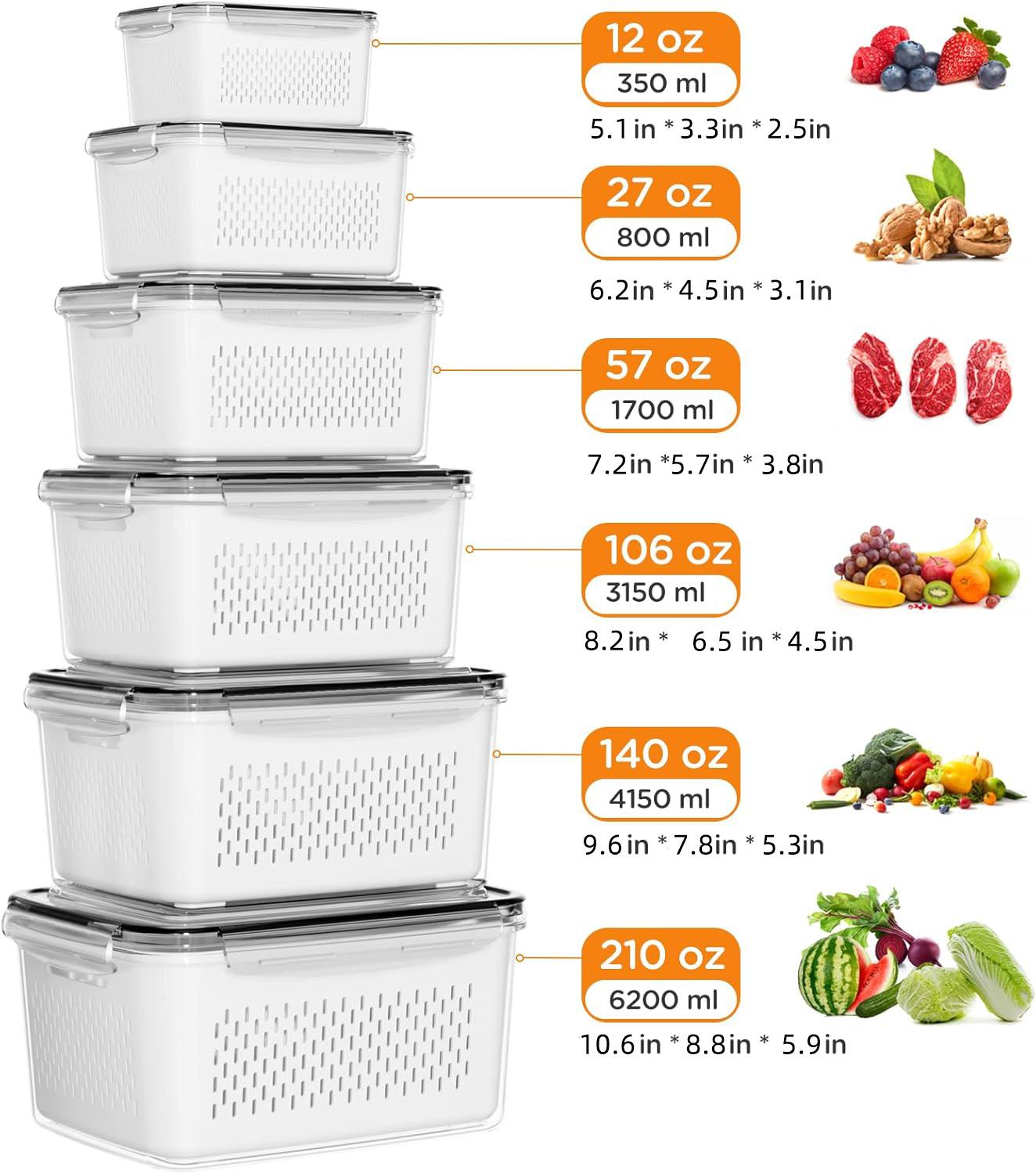 6-Pack Fruit Storage Containers for Fridge with Removable Colanders, 4 in 1 Produce Containers with Lids, Leakproof Fridge Organizer for Salad Berry Lettuce Vegetables Meat