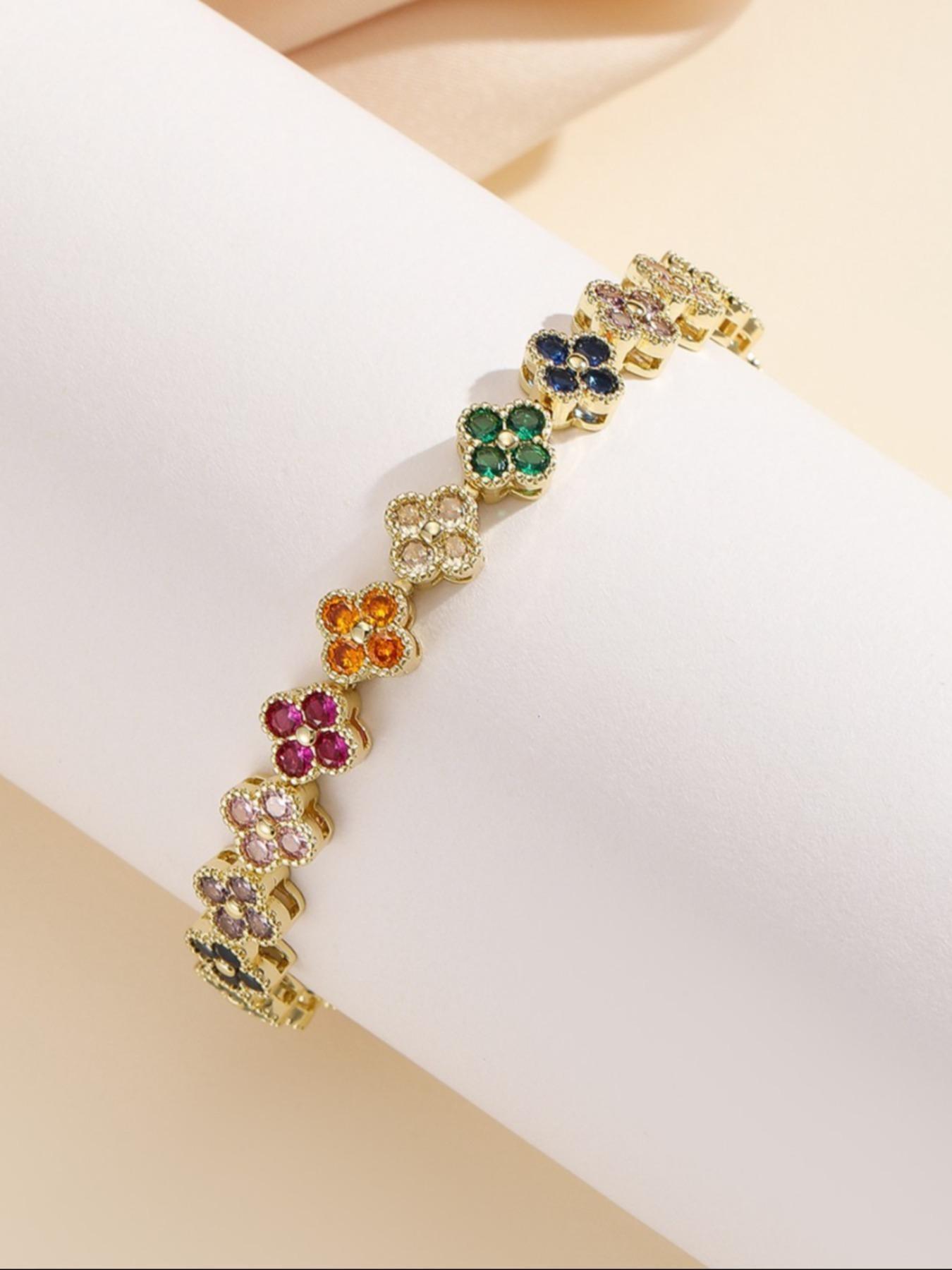 Rainbow Clover Gemstone Bracelet, Elegant Multi-Color Zircon Edge Craft, Perfect for Office/date, High-End Luxury Accessory