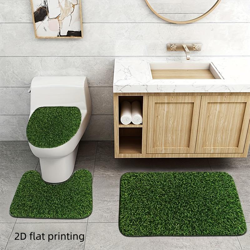 2D Flat, 2D Flat, 2D Flat Printing, 3pcs Lawn Grass Pattern Bathroom Mat And Carpet Set, Toilet Lid Mat, Toilet U-Shaped Pad, Fleece Material, Soft Surface