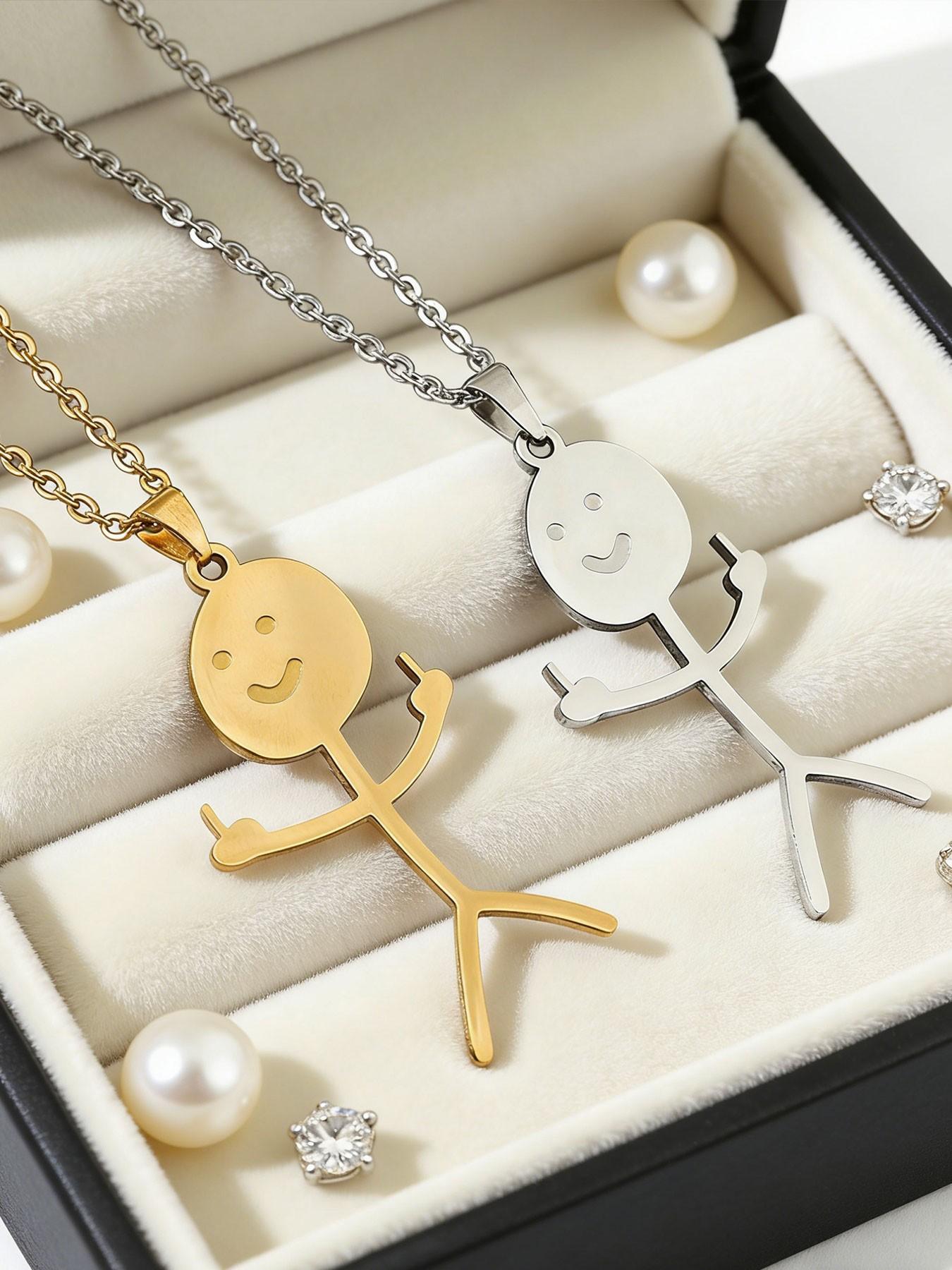 Funny Middle Finger Stick Figure Necklace, Fun and Unique, Unisex Accessory, or Silver Color, Trendy and Cool