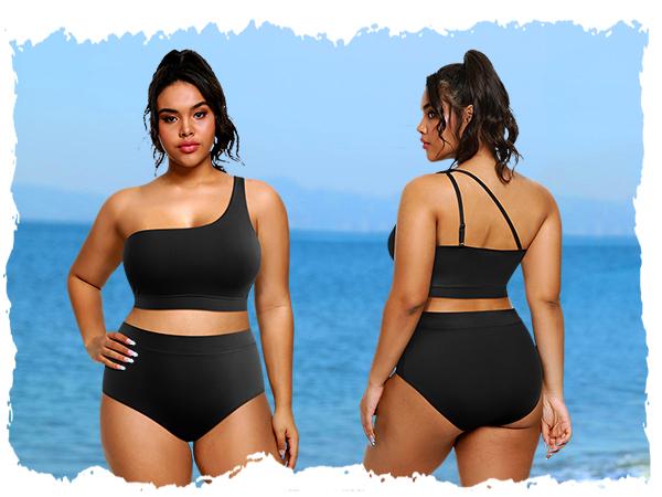 Tempt Me Women Plus Size High Waisted Bikini Two Piece One Shoulder Swimsuit Plus Size Full Coverage Bathing Suit
