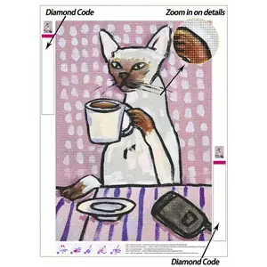 5D DIY Diamond Painting, Diamond Painting Kits, Sphinx Cat Enjoying Coffee, Paired With Modern Style DIY Diamond Painting Set, Pink Polka Dot Background And Tabletop Canvas Wall Art. Home Decor Diamond Painting, Mosaic Kit, DIY Your Own Wall Art, Enjoy