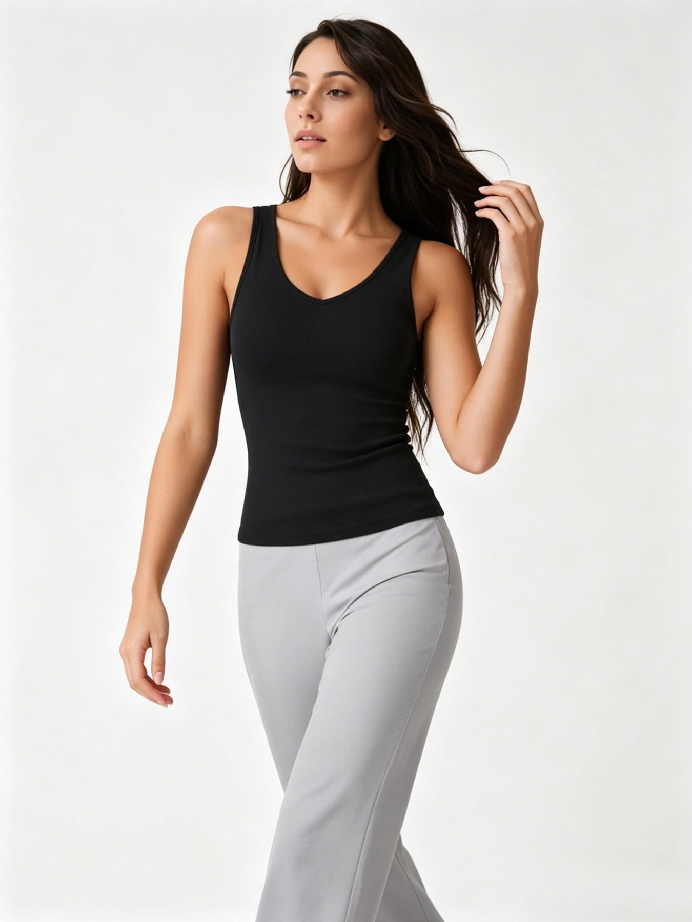 Women's Solid Color Sports Tank Top, V Neck Ribbed Sleeveless T-Shirt, Breathable Comfort Underwear, Moisture Wicking Shirt