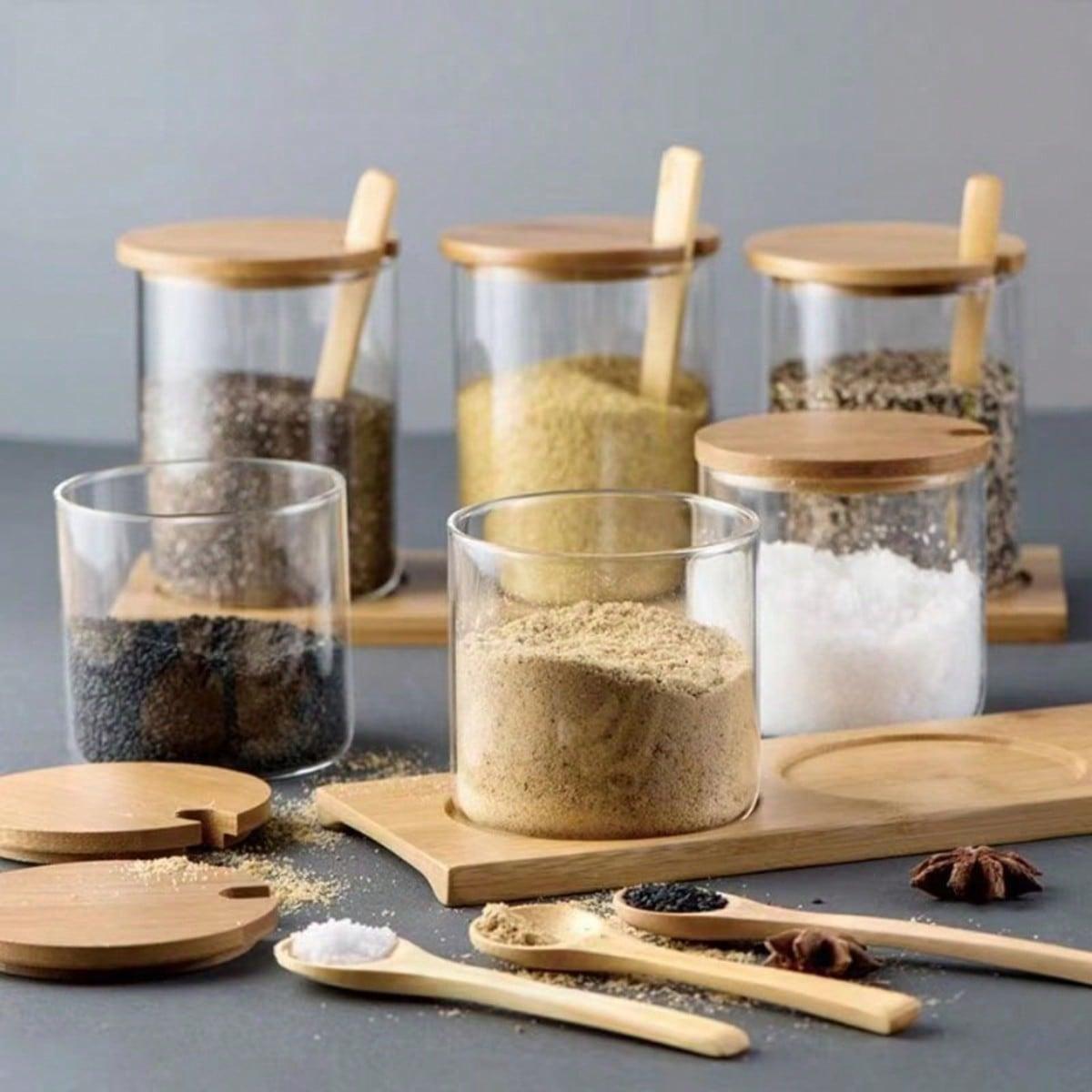 Glass Spice Containers Set with Wooden Base, Includes Spoon, Ideal for Storing Spices Salt Sugar, Kitchen Storage Organizer