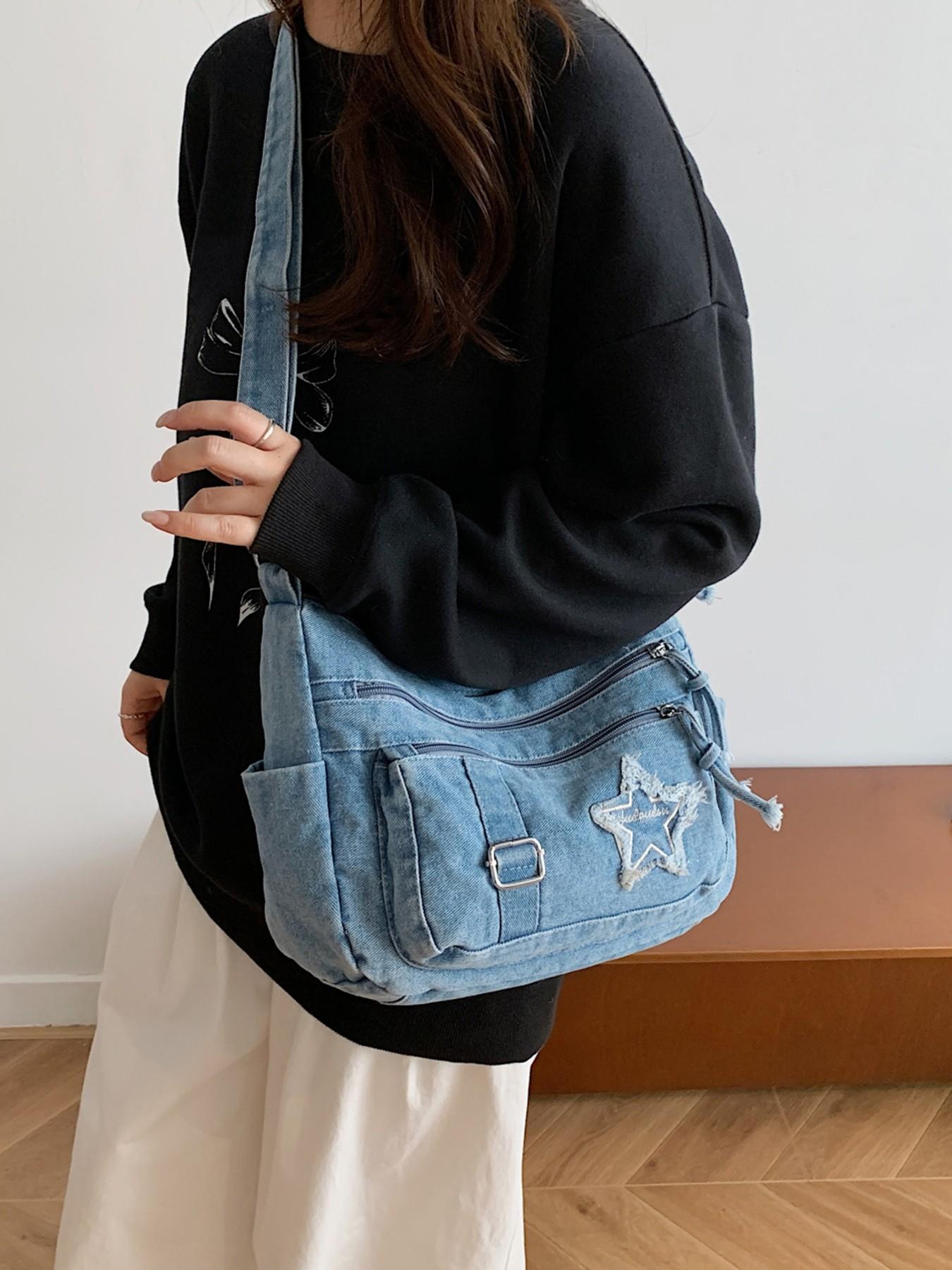Casual retro texture Denim shoulder bag, Denim shoulder satchel, practical versatile crossbody bag, with multiple zippered pockets and a five pointed star pattern printed, suitable for commuting, shopping