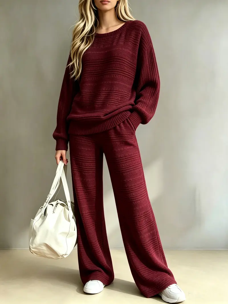 Women's knit two piece set with oversized sweater top and wide leg pants – image 7