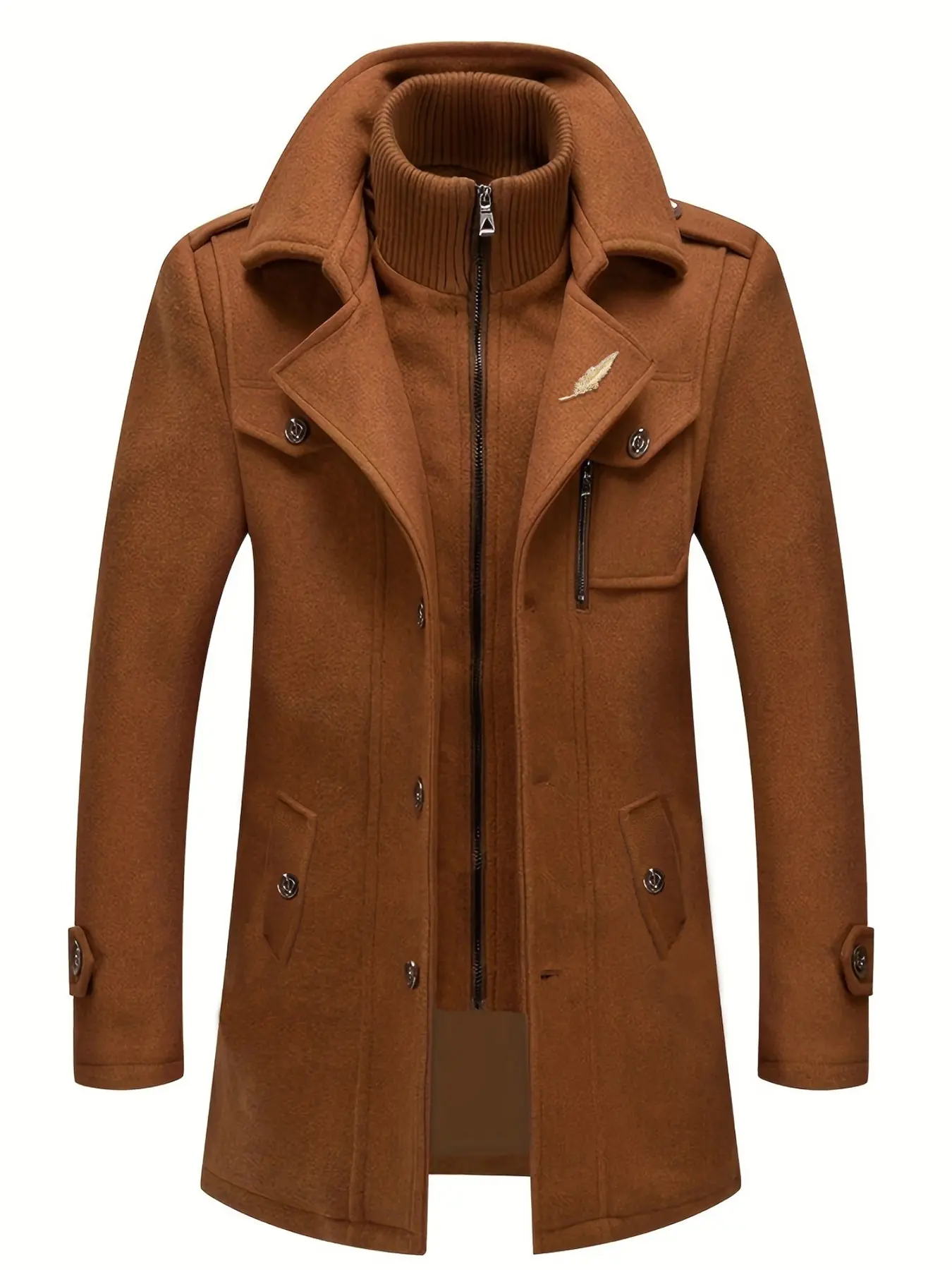 Men's Fashion Double Collar Mixed Fiber Long Coat, Long Sleeves, Zipper and Pocket Design, Warm and Durable, Suitable for Business or Casual Autumn/Winter