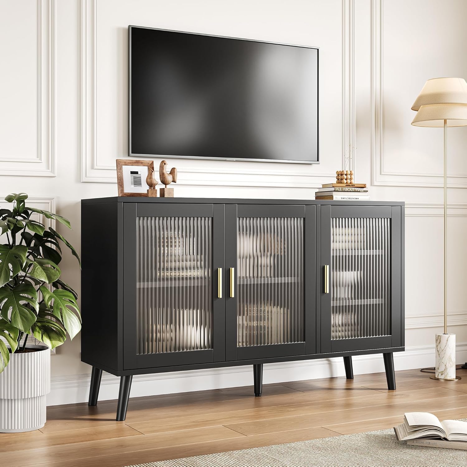 48" Buffet Cabinet with Storage, Large Sideboard Cabinet with 3 Fluted Glass Doors, Modern TV Consoles Stand Cabinet for Kitchen, Dinning Room, Hallway, Living Room