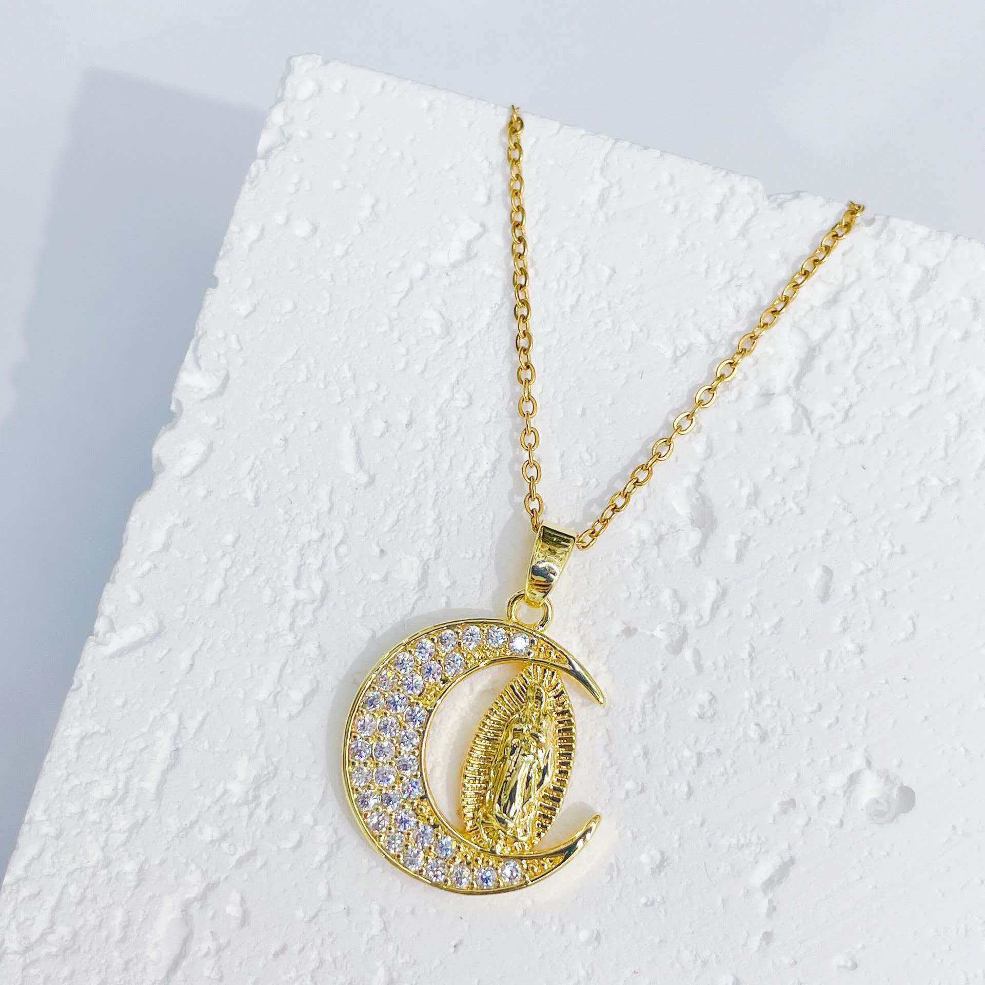 14 Karat Gold Plated Our Lady of Guadalupe Necklace for Female - CZ Virgin Mary Crescent Moon Pendant, Dainty Catholic Religious Jewelry, Faith Gift for Daily Wear, Special Occasions