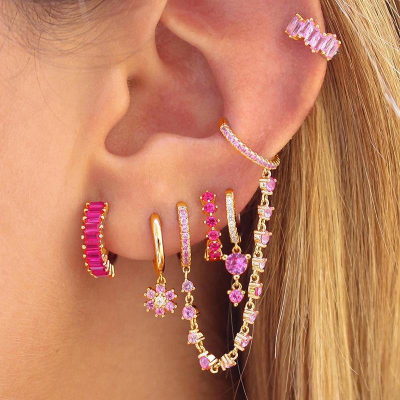 Pink Diamond Earring Set, Gold Plated Pink CZ Hoop Earrings Dangle Earrings, Y2K Stackable Ear Piercing Jewelry for Women