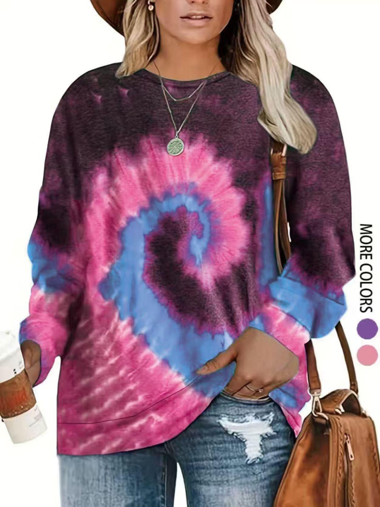 Plus Size Women's Tie Dye Long Sleeve Pullover T-Shirt, Fall/winter Vibrant Print, Round Neck, Polyester Blend