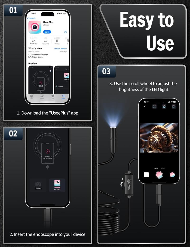 Endoscope Camera with Light, 1920P HD Borescope with 8 Adjustable LED Lights, Borescope with 16.4ft Semi-Rigid Snake Camera with Light, 7.9mm IP67 Waterproof Inspection Endoscope for iOS and Android