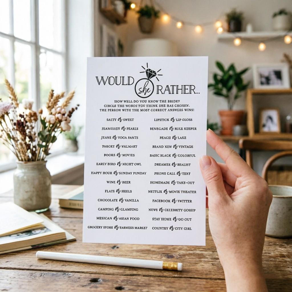 10 New Bridal Party Interactive Game Cards, Would She Rather Quiz Cards, Pre-Wedding Guest Entertainment, Single Party Fun Props
