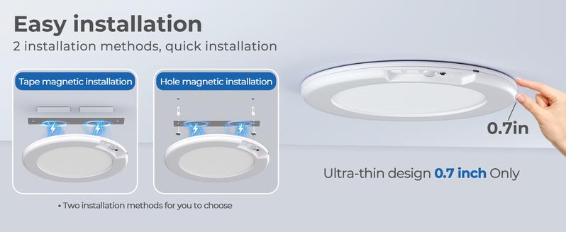 Rechargeable Motion Sensor Ceiling Light - 2 Pack Battery Operated New Light w/ Remote | Ultra-Thin | 400LM Magnetic Suction Wireless Lights, for Closets, Indoor, Stairs, Hallway, Shower