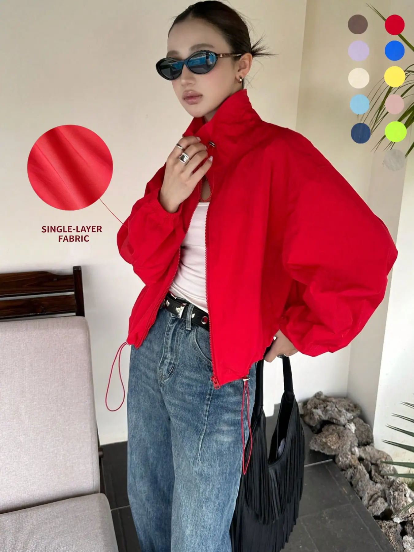 High Street Style Bright Stand Collar Short Jacket for Women, Adjustable Drawstring Neck and Hem, Full Zip Front, Casual Outdoor Wear Coats