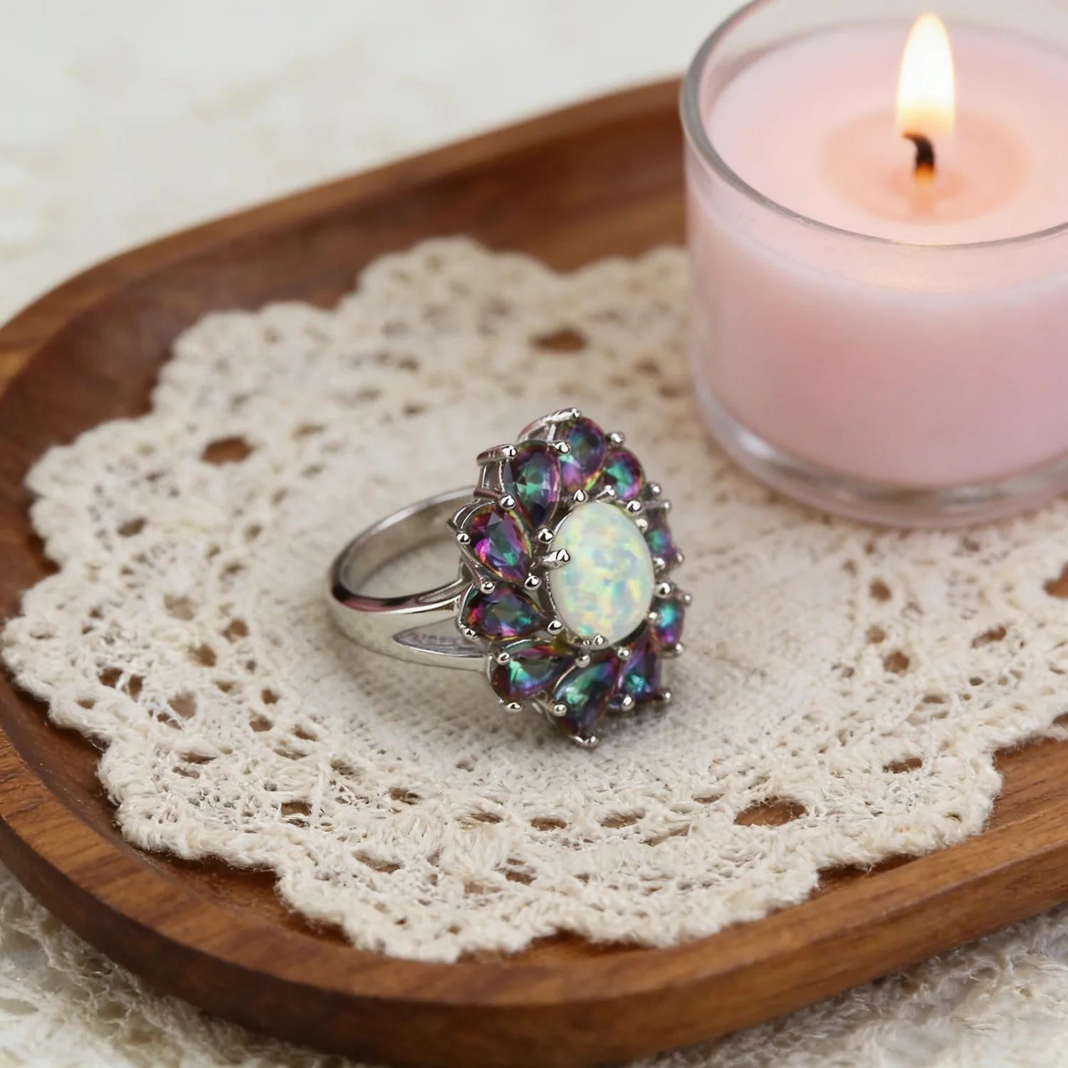 Luxury Floral Rainbow Stone & White Opal Birthstone Rings For Women Fashion Vintage Jewelry Christmas Wedding Gift for Lovers