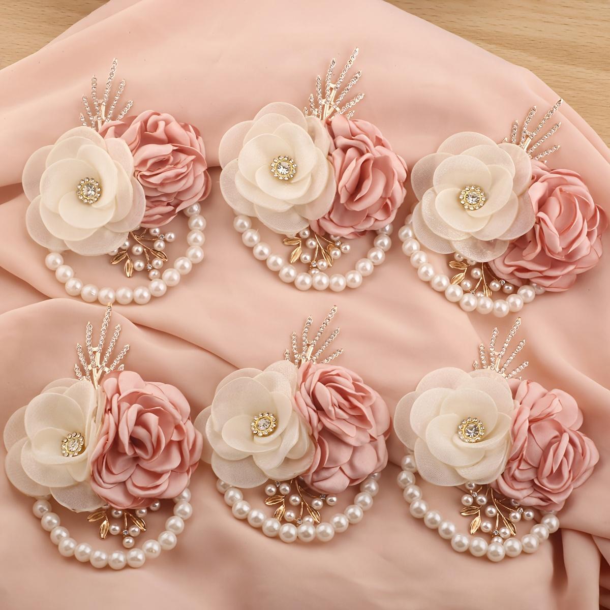 6pcs Romantic Pink Flower with Milk Gauze Rose Bridesmaid Wrist Flower Handmade Golden Leaf Rhinestone Wedding Party Evening Prom Season Valentine'S Day Elastic Pearl Wrist Flower Additions Corsage For Prom