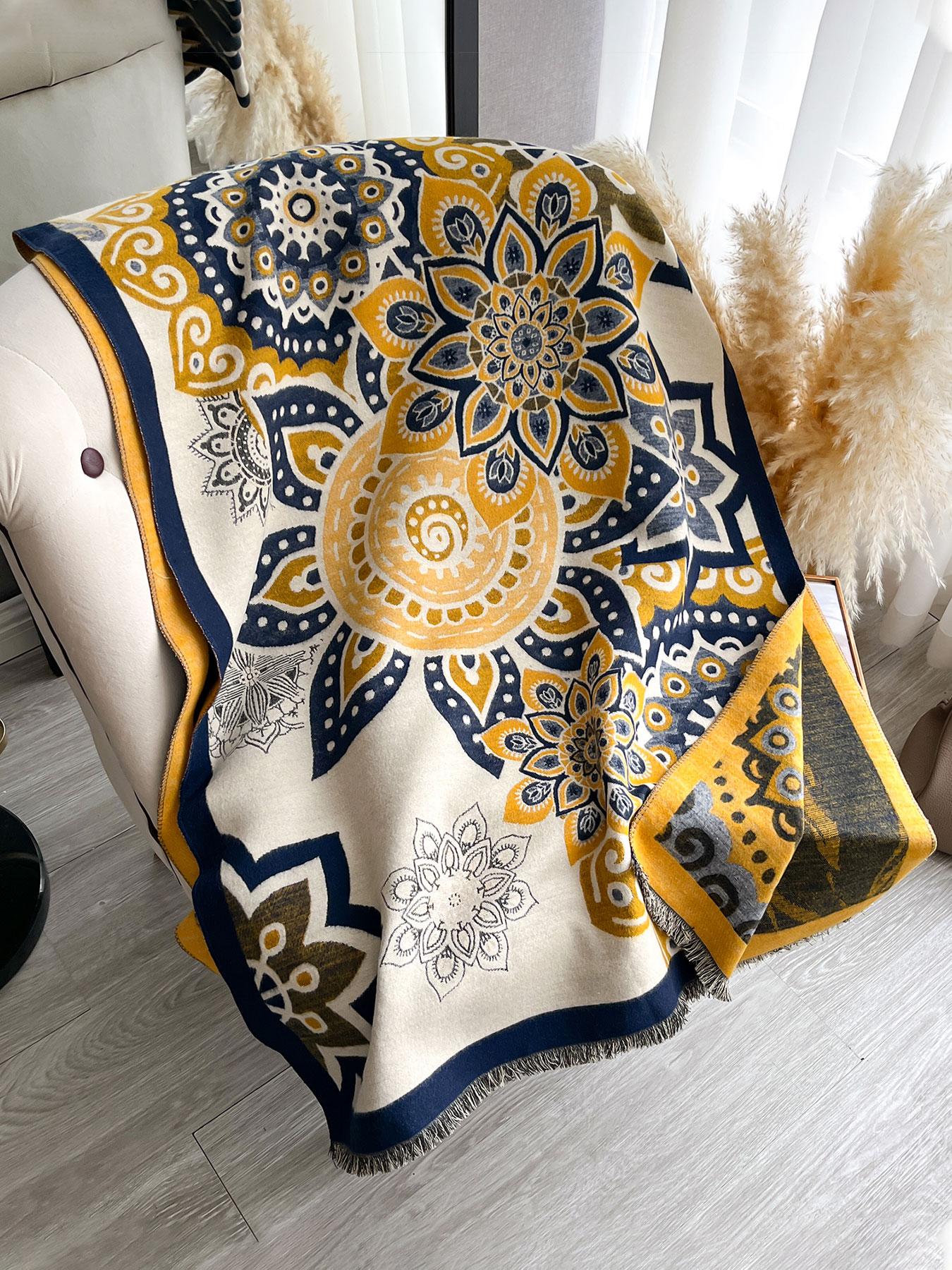 Elegant Floral Knit Scarf for Women, Boho Style Double-Sided Shawl, Fall & Winter Warm Daily Wear, Fitted Design