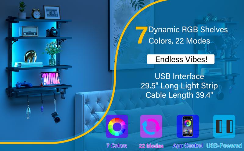 Foldable Gaming Floating Shelves with Adjustable Shelf, 24 Inch Wall Mounted Shelves with Dynamic LED for Living Room Game Room Cologne Holder Wooden Key Mail Holder