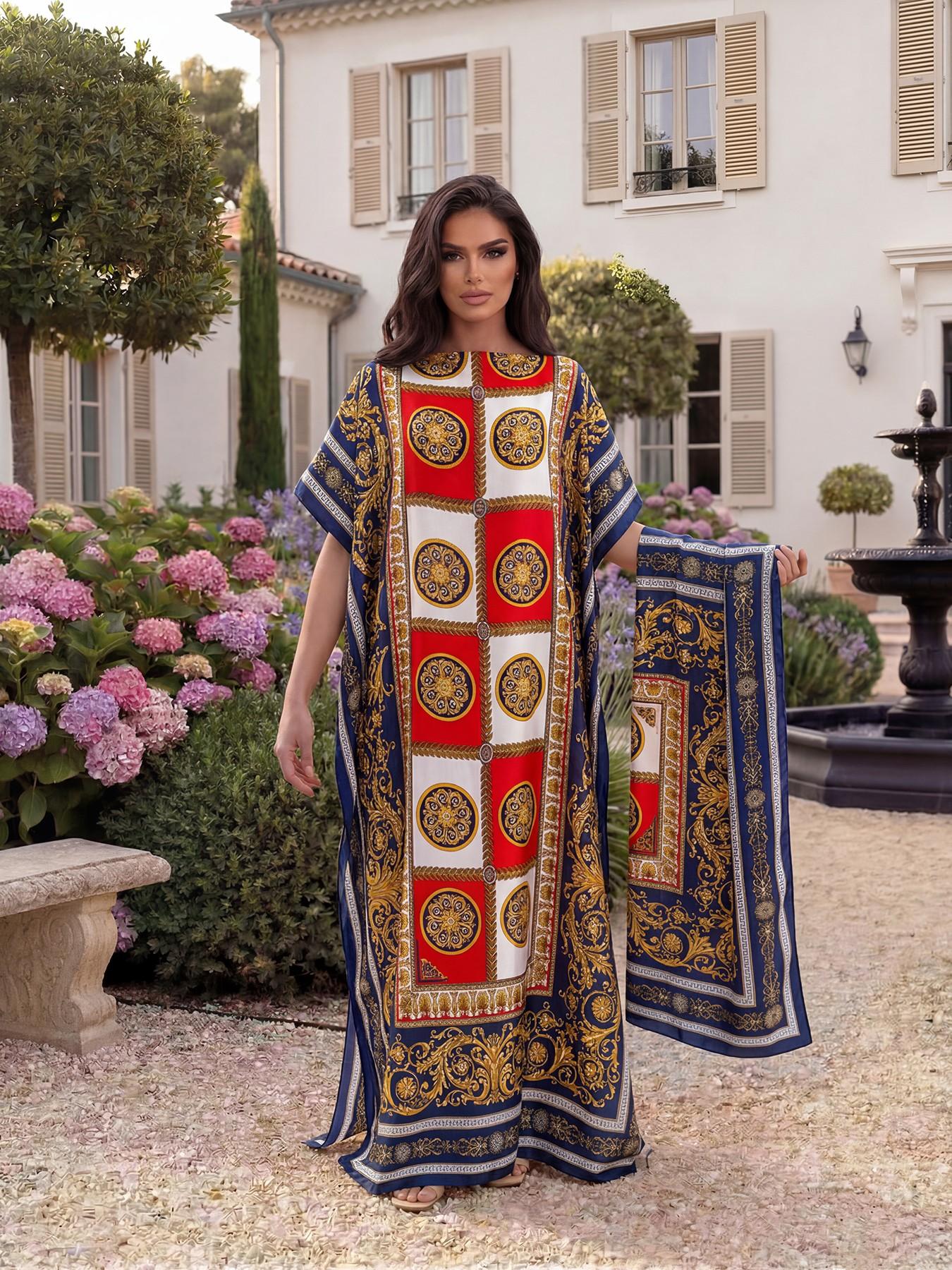 Women's Boho Style Long Robe Set, Fitted All-Over Print Shawl Dress, Sun Protection Silk Scarf, Beachwear for All Seasons