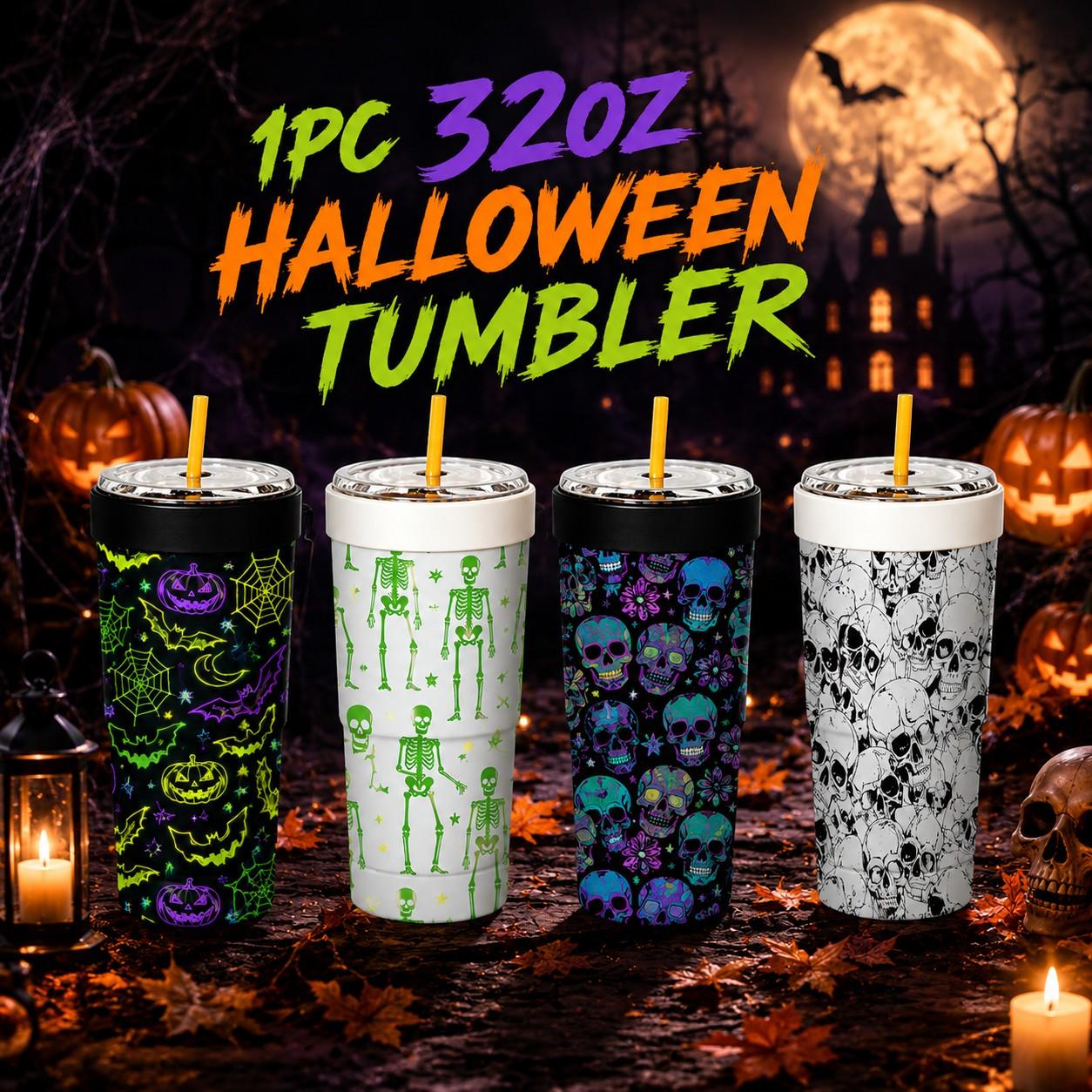 1PC 32oz Halloween Insulated Tumbler with Neon Pumpkin, Skeleton ...