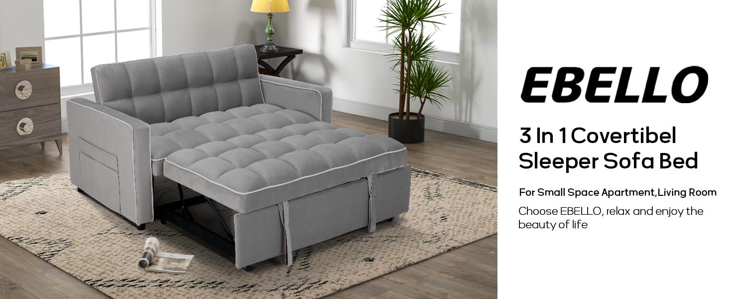 [SpringStatements] EBELLO 3 in 1 Convertible Sleeper Sofa Bed, Velvet Modern Loveseat Futon Couch Pullout Bed with Side Storage Pockets, Small Love Seat Lounge Sofa Futon for Small Space, Living Room