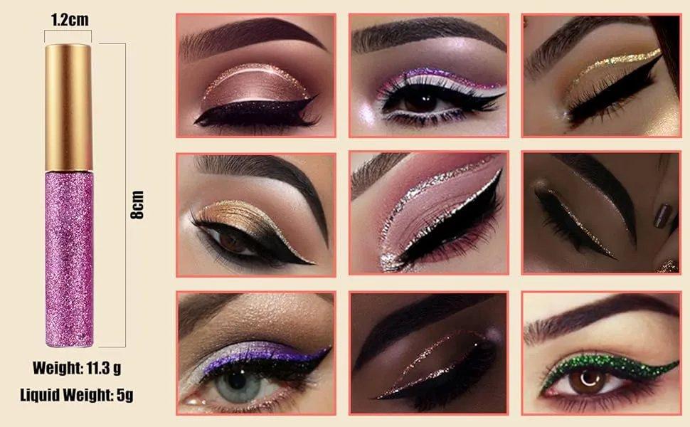 10-Color Glitter Liquid Eyeliner Set - Waterproof Longwear Eye Liner with Flexible Tip, High-Pigment Eye Makeup Products, Long Lasting Eyeliner, Liquid Gold, Graphic Eyeliner
