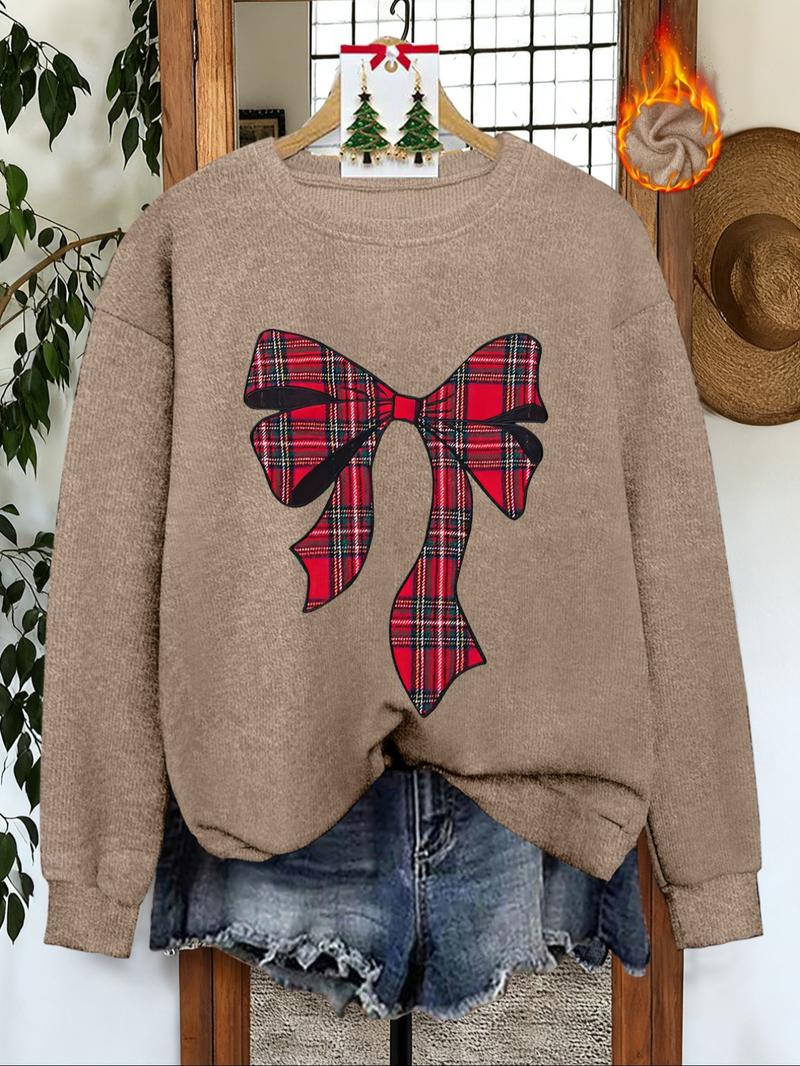 [Autumn and Winter] Red plaid bow print women's casual and fashionable round neck imitation wool top, pattern print comfortable round neck imitation wool top, suitable for autumn and winter season, a gift for mother