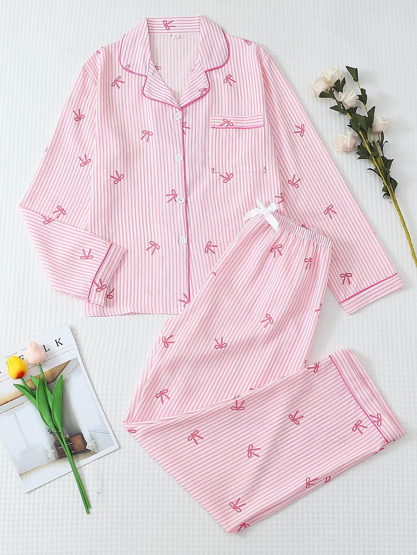 Women's Striped Long Sleeve Pajama Set with Bow Prints, Sweet Cute Button Front Top and Pants, Casual Home Wear Loungewear for All Seasons