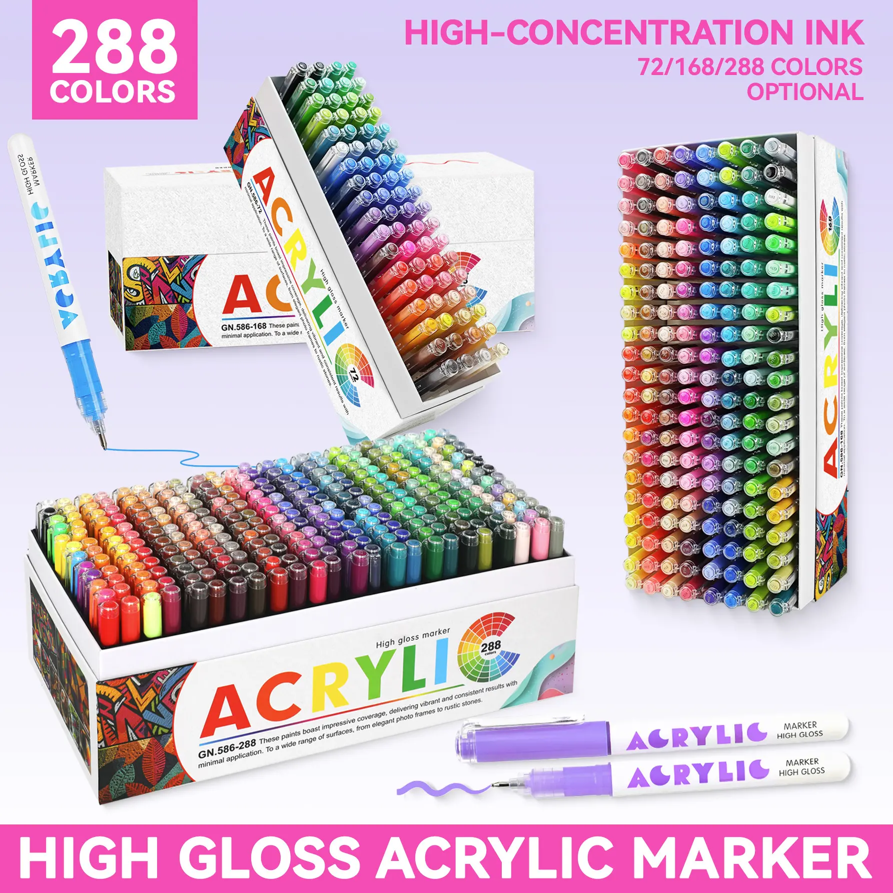 72/168/288 Color High Gloss Acrylic Gel Pen Set, 1.0mm Hard Tip, High Concentration Ink, Ideal for Wood, Ceramic, Metal, Glass, Rock Art